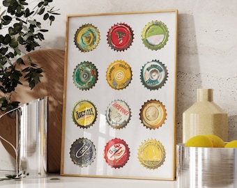 Retro Soda Bottle Caps Print: Vintage Pop Art Collage (Digital Download)