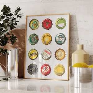 Vintage Retro Print, Retro Soda Bottle Caps, Soda Pop Art Poster, Funky Aesthetic Print for Apartment, Kitchen Decor, Digital Download
