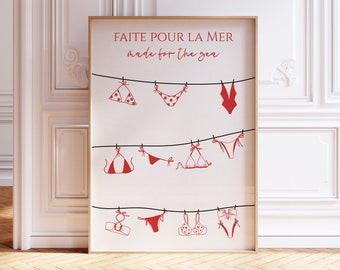 Vintage Coastal Print, Trendy Bikini Poster, Hand Drawn Summer Wall Art, French Red Aesthetic Print for Apartment, Instant Digital Download