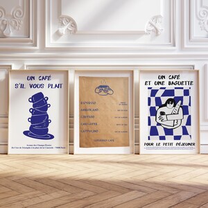 Conjunto de 3 impressões, arte de parede para estação de café, pôster de expresso, decoração de parede de cozinha, presente para amantes de café, estética francesa azul, download digital