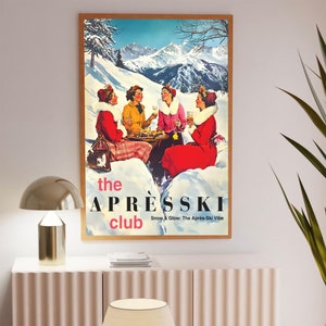 Sztuka ścienna retro Apres Ski Vintage Wystrój domku narciarskiego Gazeta Wydruk magazynu Modny wózek barowy Sztuka ścienna zimowa Natychmiastowe pobieranie cyfrowe