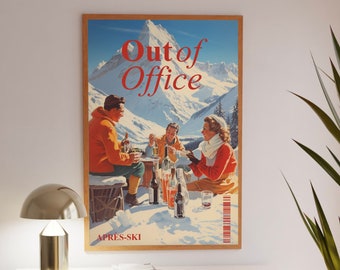 Retro Apres Ski Wall Art, Out of Office, Newspapers Magazine Print | Vintage Bar Cart Art, Winter Wall Art | Instant Download