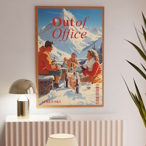 Sztuka ścienna Retro Apres Ski, poza biurem, wydruki gazet | Sztuka na wózku barowym, zimowa sztuka ścienna | Natychmiastowe pobranie