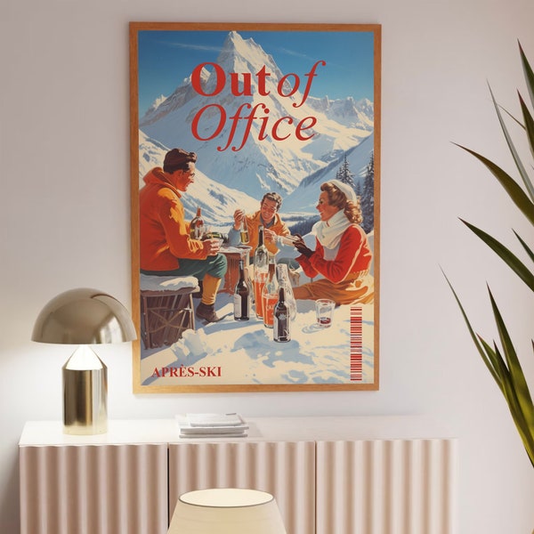 Retro Apres Ski Kunst, Out of Office, Zeitungs-Magazin-Druck | Vintage Barwagen Kunst, Winterwandkunst | Sofort Download