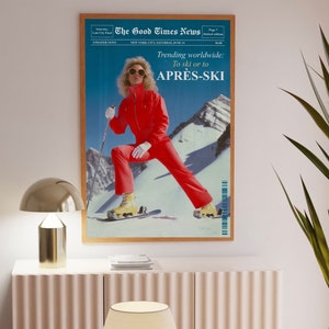 トレンディな新聞のプリント、アフタースキーのウォールアート、レトロなバーカート、雑誌の表紙の美学、ニューヨークのニュース、プレッピーな寮のインテリア