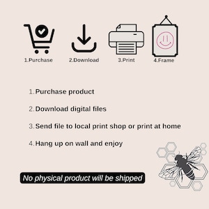 May include: A digital download illustration of a bee with honeycomb. The image includes instructions for purchasing, downloading, printing, and framing the digital file. The text states that no physical product will be shipped.