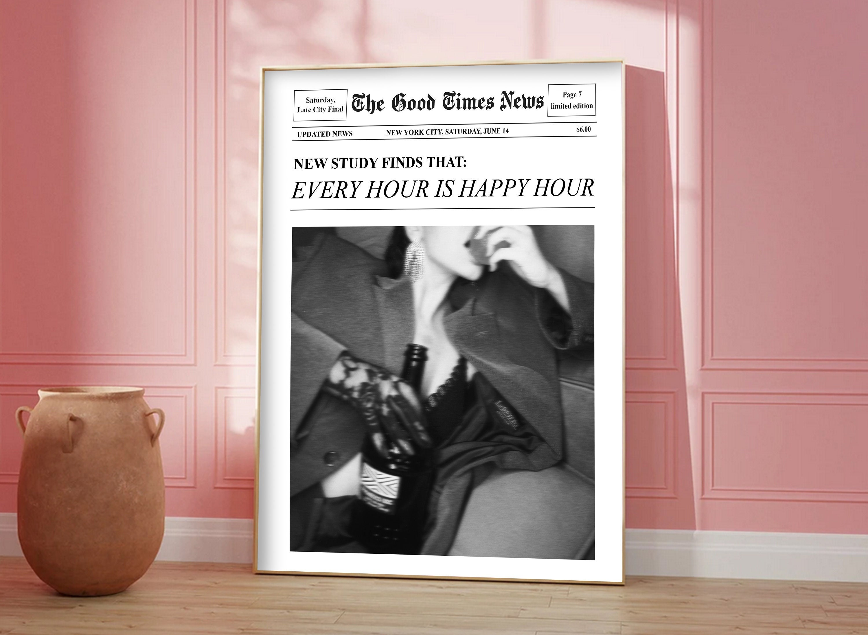 Trendy Newspapers Print, Retro Bar Cart, Drinking Quotes Wall Art