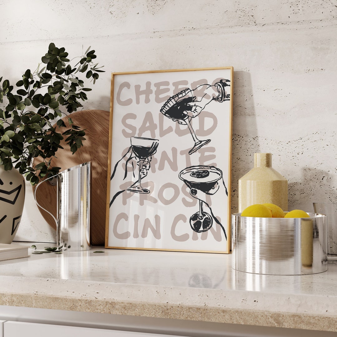 Cheers Alcohol Print Retro Wine And Martini Wall Art Apartment Photo Inspiration