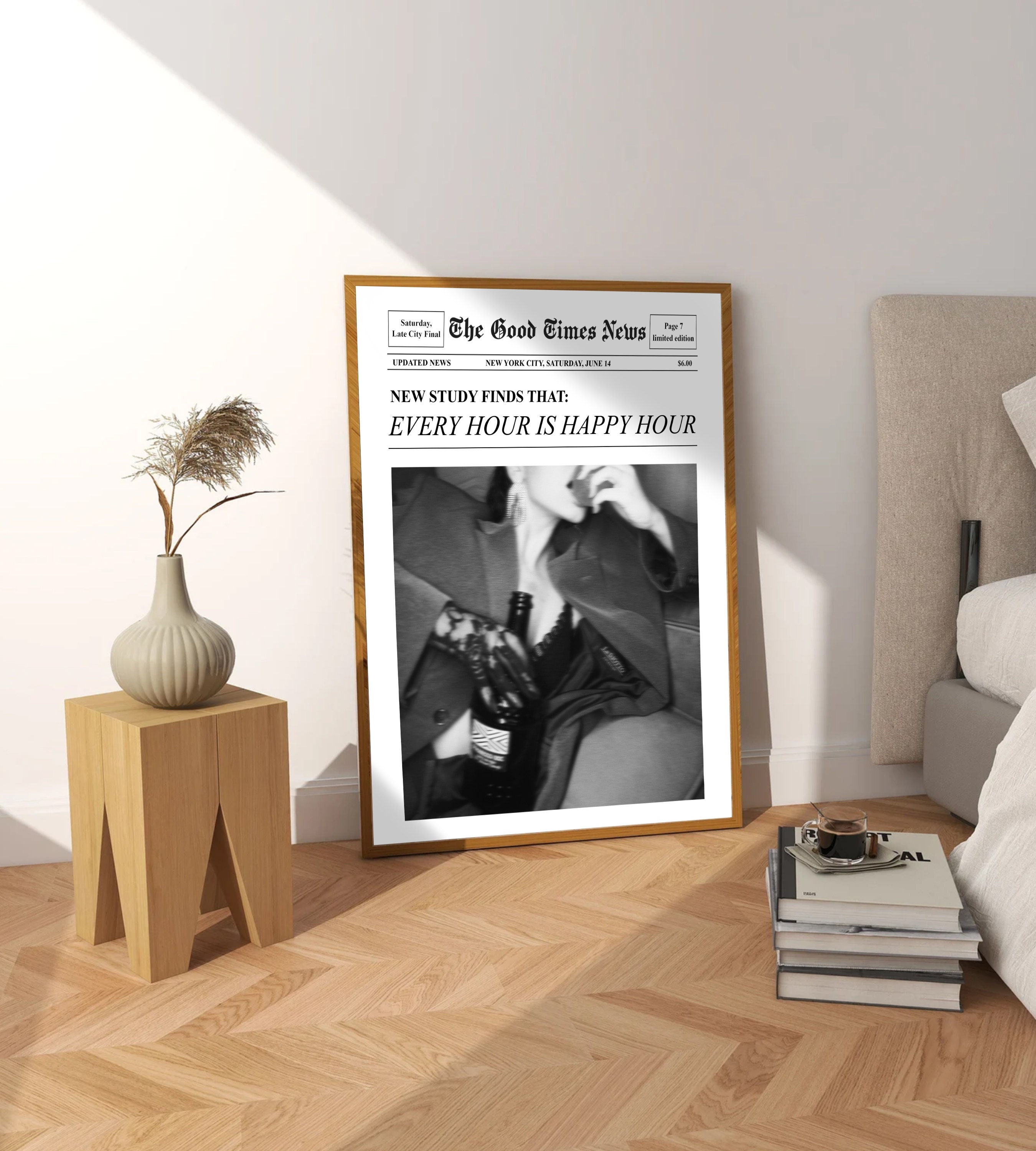 Trendy Newspapers Print, Retro Bar Cart, Drinking Quotes Wall Art