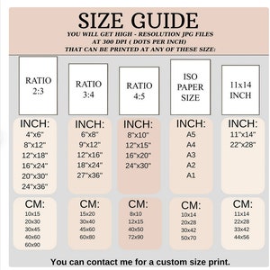 May include: A size guide for printable digital art prints. The guide shows different aspect ratios and corresponding inch and centimeter measurements for various print sizes. The guide also includes standard ISO paper sizes.