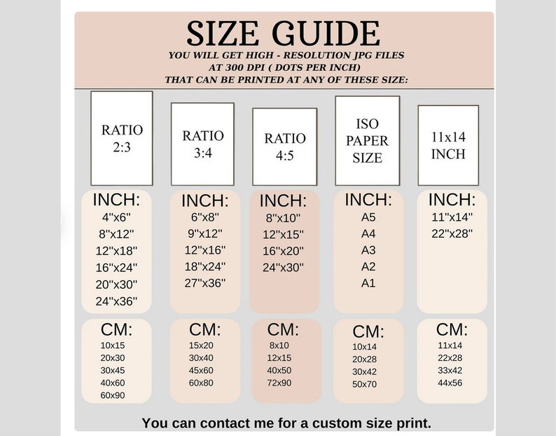 May include: A size guide for printable digital art prints. The guide shows different aspect ratios and corresponding inch and centimeter measurements for various print sizes. The guide also includes standard ISO paper sizes.
