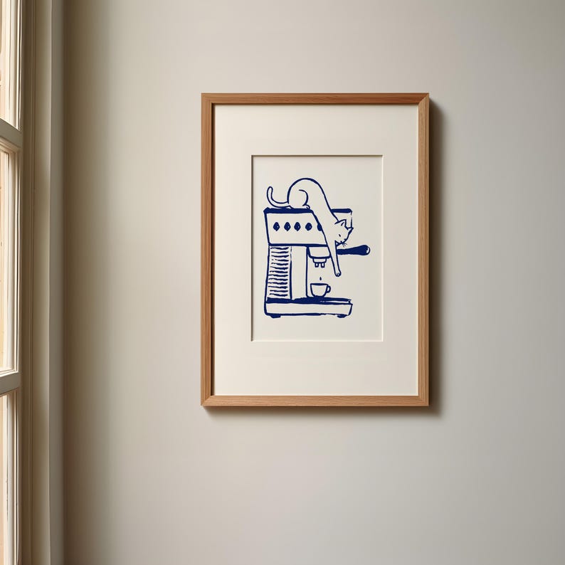 Kaffetjuven-poster, kattväggkonst, kaffebardekor, retrokökstryck, present till kaffe- och kattälskare, minimalistisk heminredning bild 1