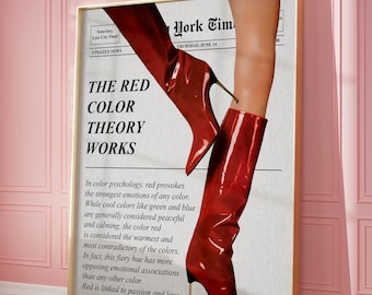 Trendy Newspaper Print, Retro Red Boots, Vintage Fashion Wall Art, Retro Magazine Aesthetic, Trendy Wall Art, Girly Apartment Wall Decor