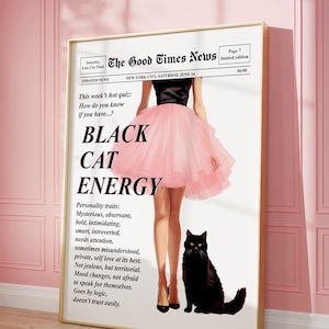 トレンディな新聞のプリント、黒猫のエネルギー、レトロなバーカート、雑誌の表紙の美学、ニューヨークのニュース、プレッピーな寮のインテリア