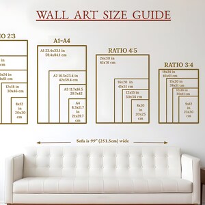 May include: Wall art size guide with dimensions in inches and centimeters. Displays various aspect ratios, including 2:3, 4:5, and 3:4, with corresponding sizes. A white sofa is positioned below the guide, with a note indicating its 99-inch width.