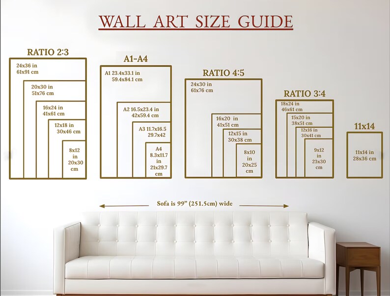 May include: Wall art size guide with dimensions in inches and centimeters. Displays various aspect ratios, including 2:3, 4:5, and 3:4, with corresponding sizes. A white sofa is positioned below the guide, with a note indicating its 99-inch width.