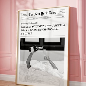 Trendy krantenprint, champagne kunst aan de muur, retro barwagen, grappige alcoholposter, tijdschriftkopomslag esthetiek, preppy kamerdecoratie