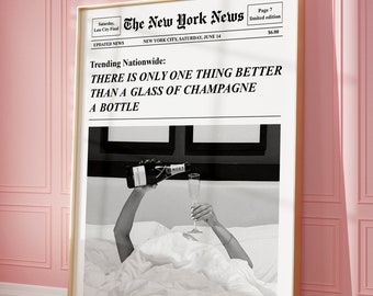 Trendiger Zeitungsdruck, Champagner-Wandkunst, Retro-Barwagen, lustiges Alkoholplakat, Magazin-Schlagzeilen-Abdeckungsästhetik, adrettes Raumdekor