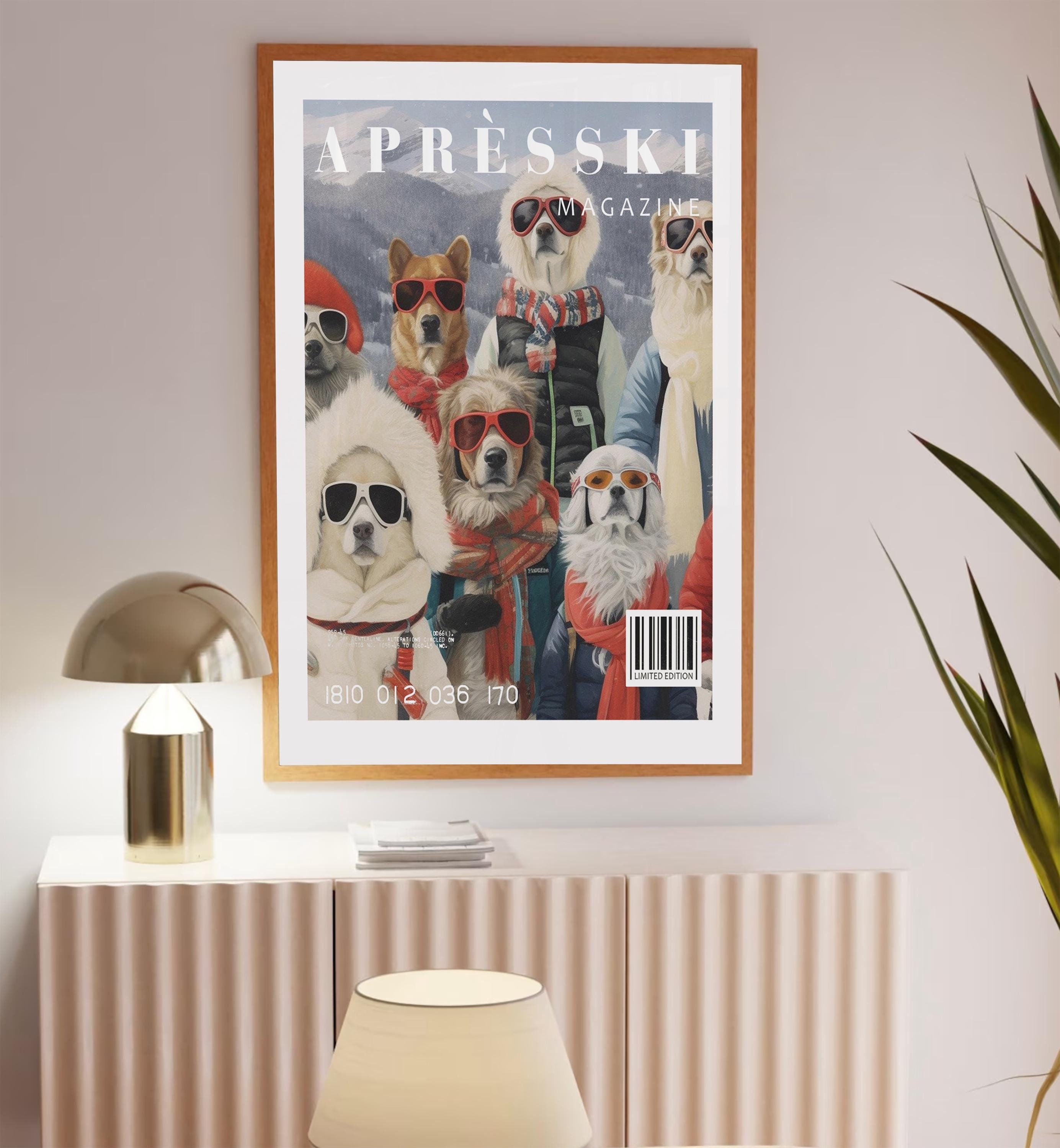 Aprés Ski Magazine Print, Cute Dogs Wall Art, Vintage Ski Lodge Wall Decor, Retro Bar Cart, Large Printable Art, Instant Digital Download