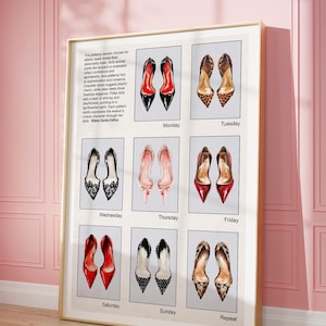 Op de afbeelding: Een kleurrijke illustratie van hoge hakken met verschillende patronen, elk representatief voor een dag van de week. De tekst "Stilettos Diaries Edition" staat onderaan de afbeelding.