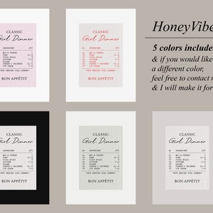 May include: Five printable digital art prints of a classic "Girl Dinner" menu with a pink, red, black, gray, and beige background. The menu lists items like wine, cheese, and crackers. The text reads "Classic Girl Dinner" and "Bon Appetit".