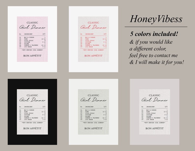 May include: Five printable digital art prints of a classic "Girl Dinner" menu with a pink, red, black, gray, and beige background. The menu lists items like wine, cheese, and crackers. The text reads "Classic Girl Dinner" and "Bon Appetit".