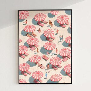 May include: Art print of a beach scene with numerous pink and white striped umbrellas, lounge chairs, and people. The artwork has a vintage aesthetic, with a high-angle perspective. The scene is set on a sandy beach with shadows.