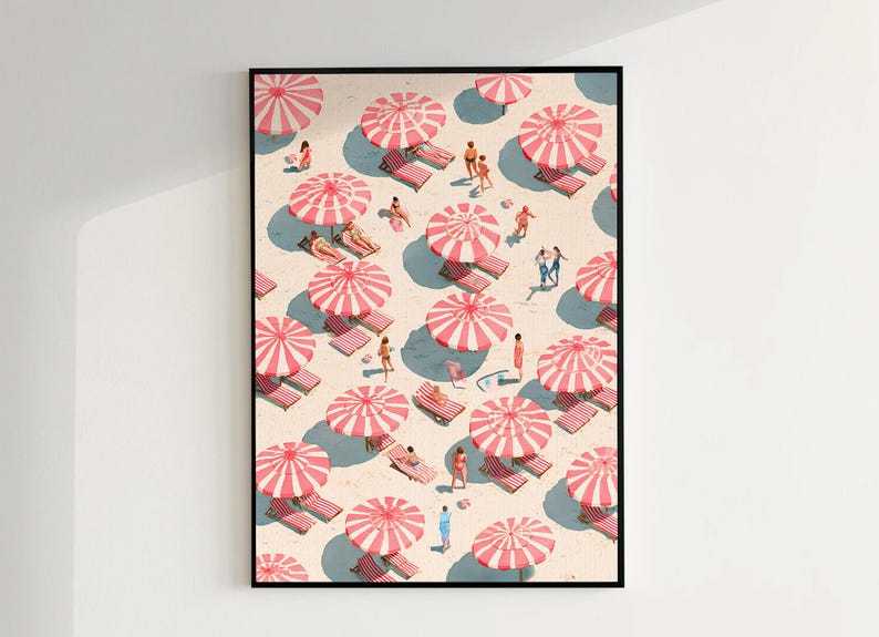 May include: Art print of a beach scene with numerous pink and white striped umbrellas, lounge chairs, and people. The artwork has a vintage aesthetic, with a high-angle perspective. The scene is set on a sandy beach with shadows.