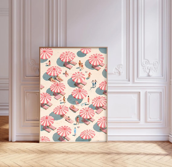 Aerial Beach Print: Pastel Umbrellas, Tiny People - Italian Riviera (Digital Download)