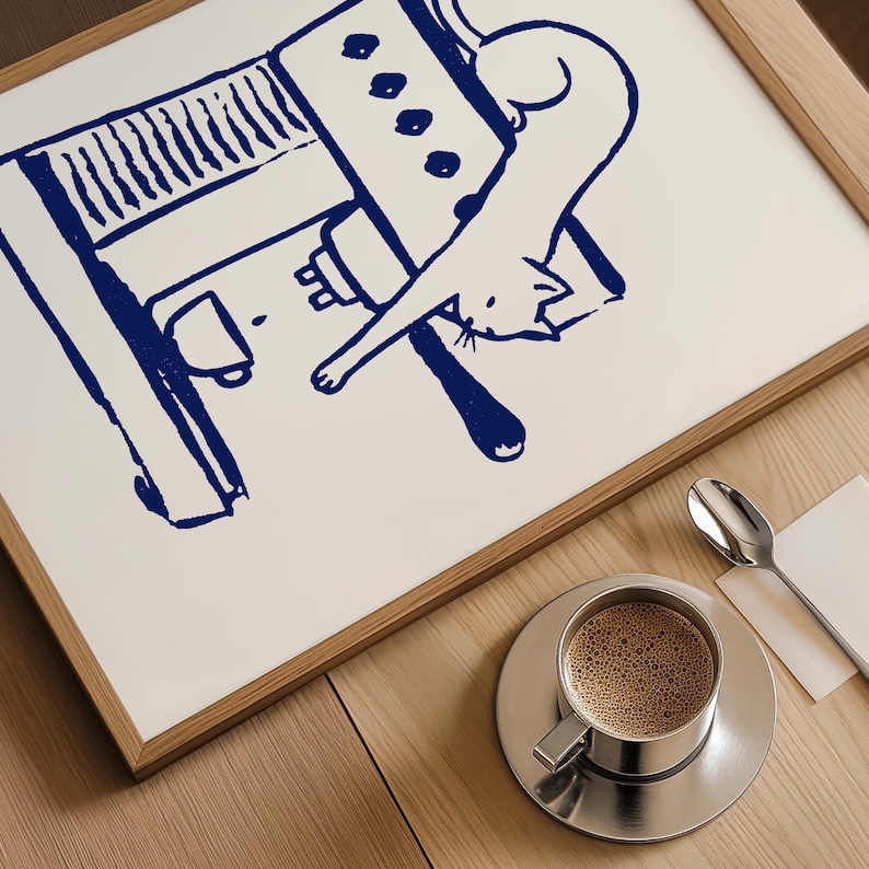 Kaffetjuven-poster, kattväggkonst, kaffebardekor, retrokökstryck, present till kaffe- och kattälskare, minimalistisk heminredning bild 2