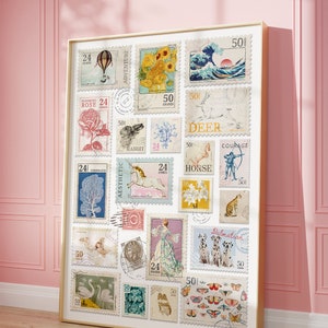 Impresión de sellos vintage, póster de colección de sellos de moda, arte mural retro, impresión estética moderna para apartamento, descarga digital instantánea