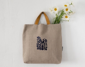 Linen Tote Bag: Handmade Lithuanian Folk Art Embroidery, Leather Handles