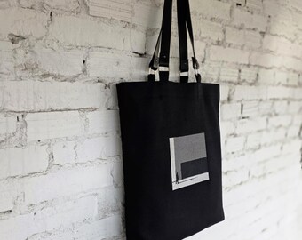 Handmade Black Linen Tote Bag – Khaki Embroidered Design, Leather Straps