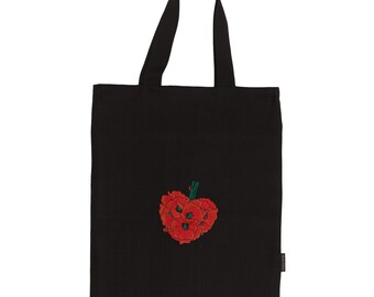 Bolso tote de lino negro con flor de amapola bordada