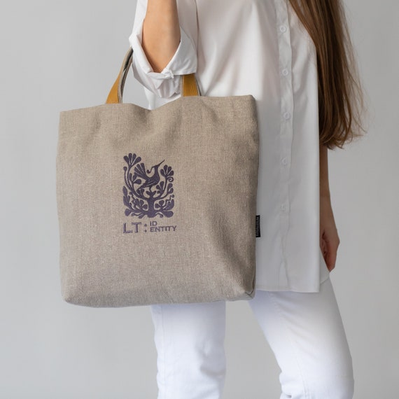 Linen Tote Bag: Lithuanian Folk Art, Leather Handles