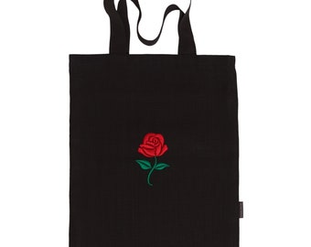 ラージブラックリネントートバッグ：3Dローズ刺繍、二重層