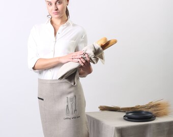 Natural Linen Kitchen Apron: Embroidered Utensils, Large Pocket