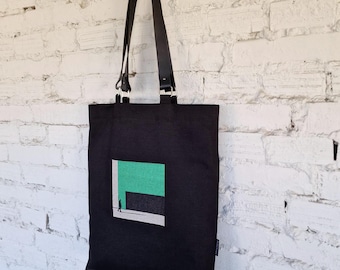 Embroidered Linen Cotton Tote Bag: Black Canvas Shoulder Bag with Leather Handles