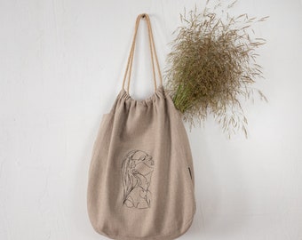 Borsa di lino naturale con manico in corda di iuta, borsa di lino ricamata, elegante borsa da spiaggia in linoTote, regali per lei, borsa sostenibile, borsa da spiaggia in lino