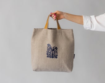 Handmade Linen Tote Bag: Lithuanian Embroidery, Eco-Friendly Shoulder Bag