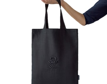 Extra Large Black Linen Tote Bag: Embroidered Rose Design