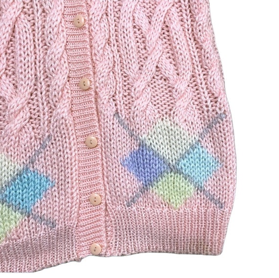 Vintage Au Courant Pink Cable Knit Argyle Button … - image 7