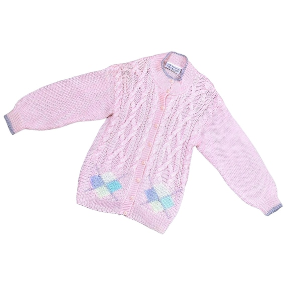 Vintage Au Courant Pink Cable Knit Argyle Button … - image 1