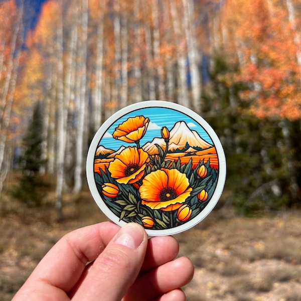 California Poppies Mountain Scene - Vinyl Sticker - Waterproof Wildflower Sticker - National Parks Sticker - Mountains - Desert