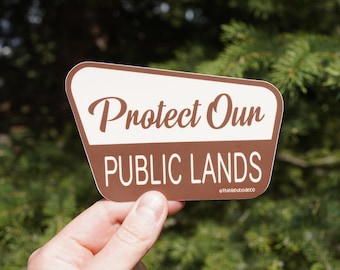 Op de afbeelding: Een bruine en witte sticker met de tekst "Protect Our PUBLIC LANDS" in een gestileerd lettertype. De sticker wordt tegen een achtergrond van groen gebladerte gehouden. De sticker bevat ook de tekst "#ethanandco".