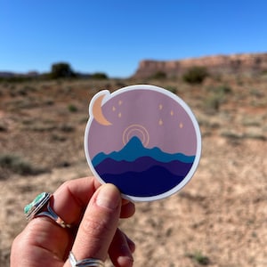 Mountain Moonset – Vinyl Sticker – Artsy Mountain and Moon Design – Waterproof Sunset Decal – Rocky Mountains – Nature Circle Art