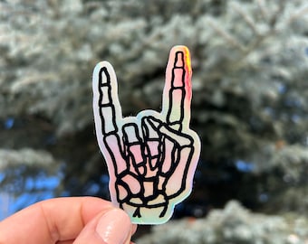 Rock & Roll Skeleton Hand - Holographic Vinyl Sticker - Rock On Sticker - Metal Music - Biker Helmet Waterproof Sticker