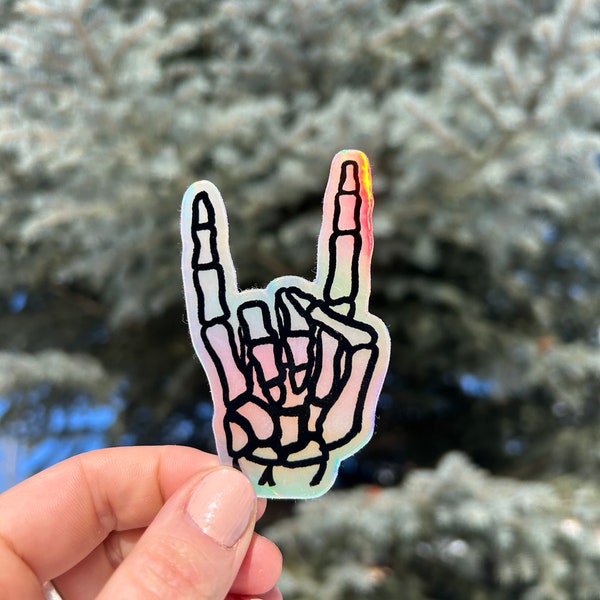 Rock & Roll Skeleton - Holographic Vinyl Sticker - Rock On Sticker - Metal Music - Biker Helmet Waterproof Sticker