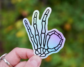Okay Sign Skeleton Hand Sticker - Holographic Waterproof Vinyl