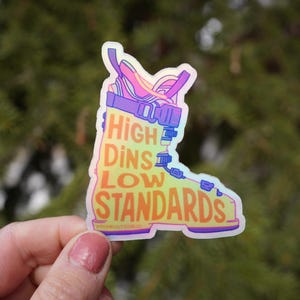 High Dins Low Standards Sticker: Holographic Waterproof Ski Decal